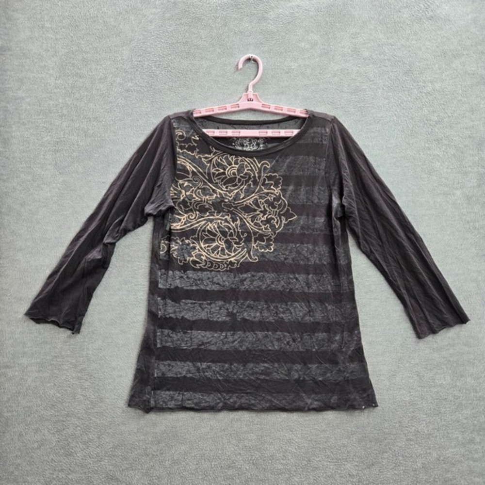 Drifter Women Top Large Gray Striped Shirt Grunge‎ Y2K Floral 3/4 Sleeve